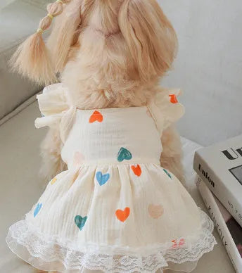 Light yellow love heart flying sleeve girl's dress polyester casual XS-XXL