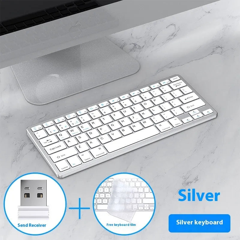 Ultra-thin wireless keyboard and mouse combo in black, gun colour, or silver with USB receiver and protective cover.