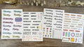 English letters and numbers label sticker sets showing alphabet series A through E with week words in cute style