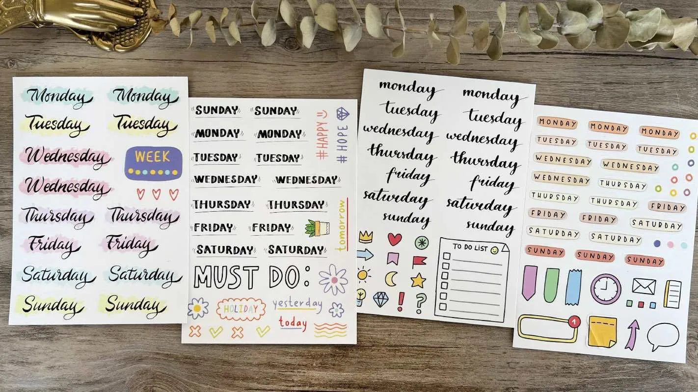 English letters and numbers label sticker sets showing alphabet series A through E with week words in cute style