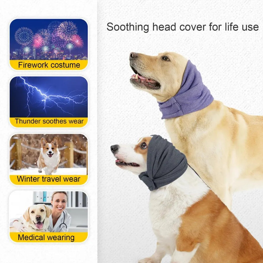 Polyester dog head cover hoodie in black or purple for noise reduction anxiety relief with ear wrap design