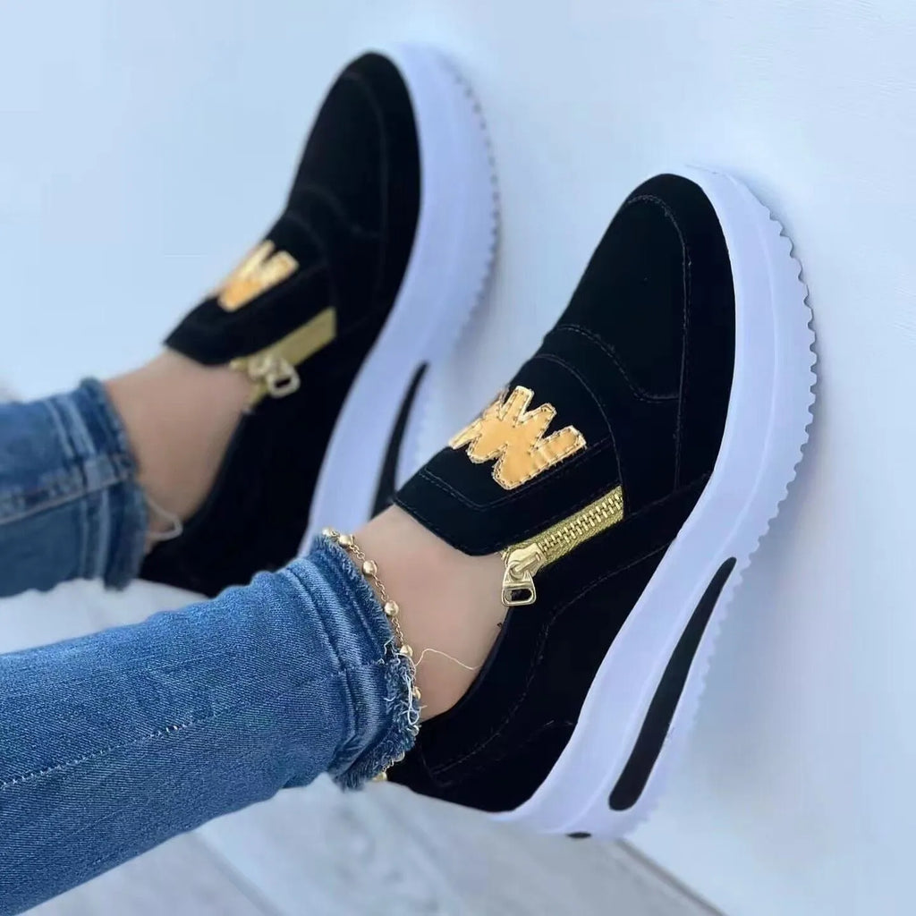 Women's large size casual sneakers with wedge heel in solid colour black side view