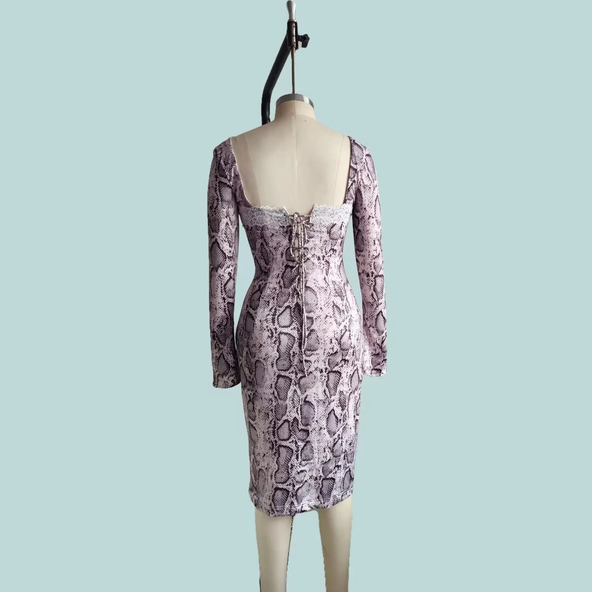 Grey women's slim fit lace dress with long sleeves and a digital 3D printed pattern on an A-line skirt.
