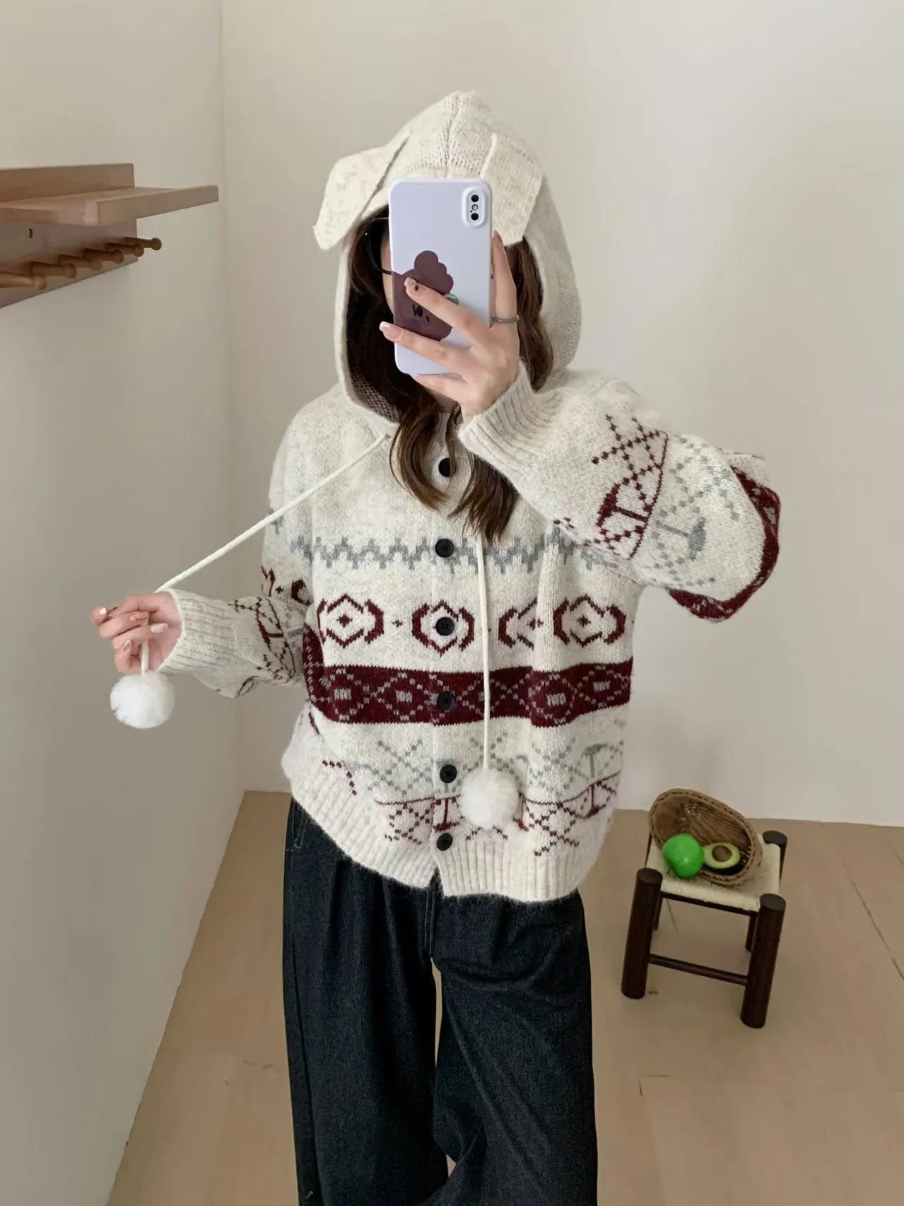 Loose fit brocade sweater coat for women in grey with geometric pattern.