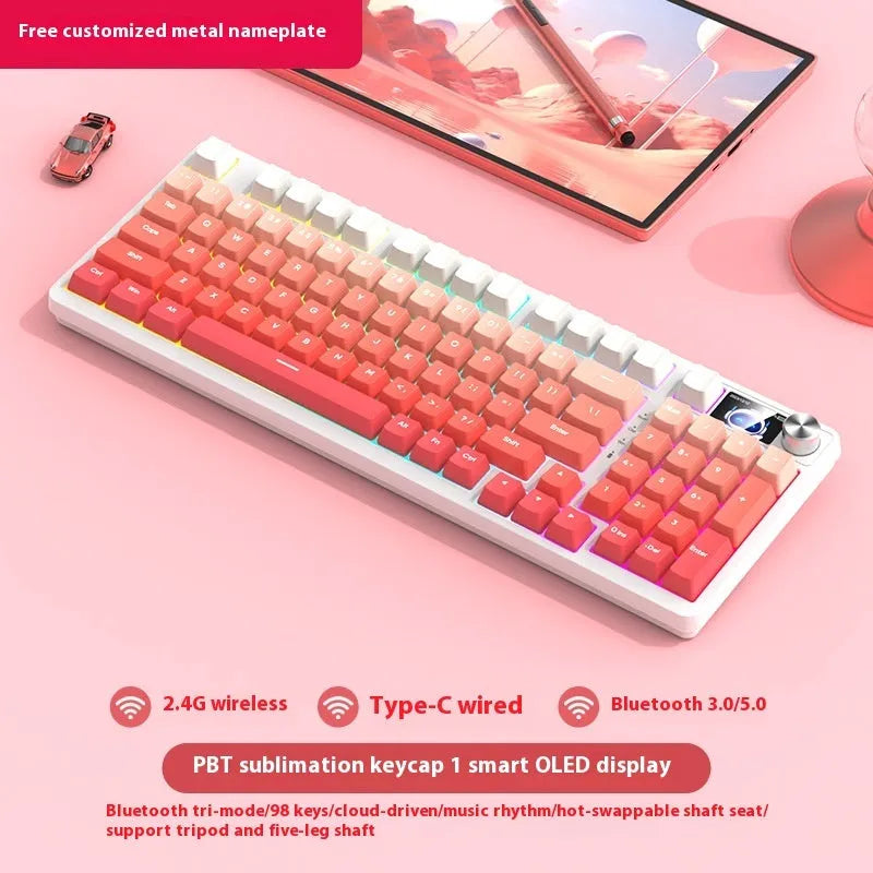 98 key wireless Bluetooth mechanical keyboard kit with optional display screen and metal knob