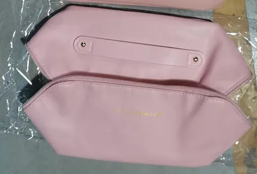 PU leather travel cosmetic bag with steel wire opening, 23.5x11x10.5cm, in rose pink.