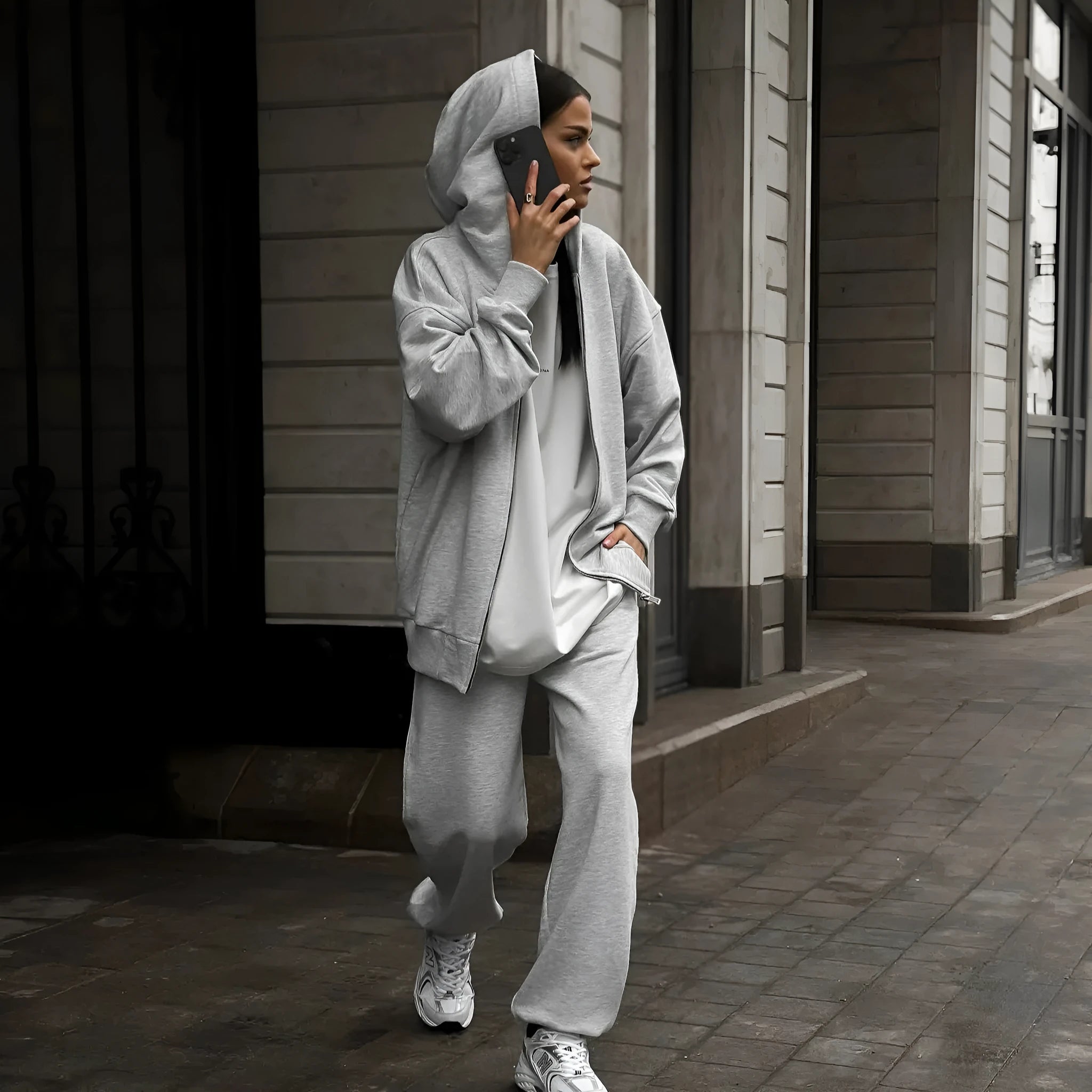 Street style long-sleeved coat and trousers two-piece set in solid colour polyester