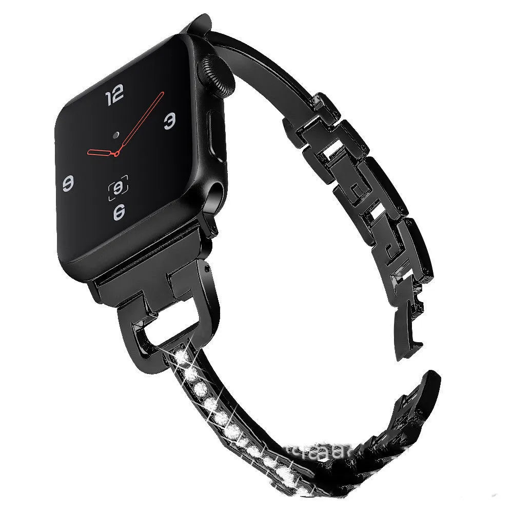Apple Watch compatible smart watch with metal diamond-pattern strap in silver colour
