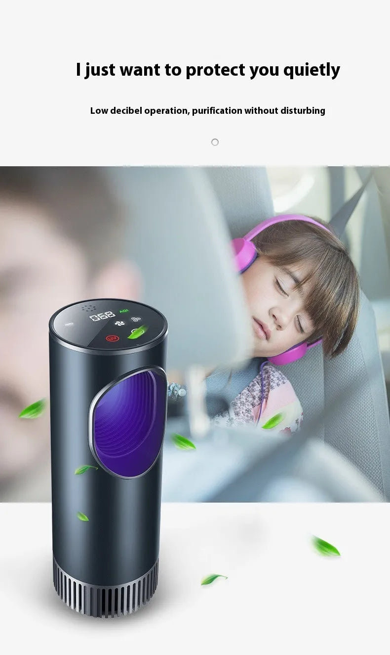 Black car air purifier with formaldehyde removal function and USB power cable