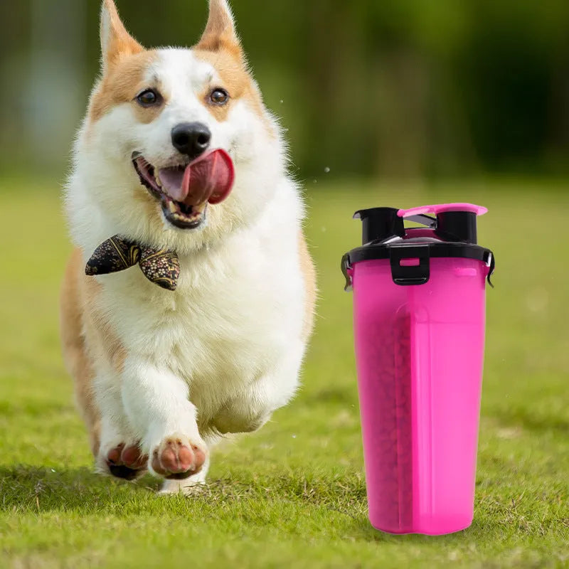 White portable pet cup showing separate water bottle and food container compartments.