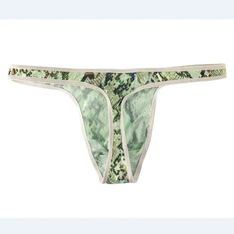Men's camouflage snake print thong underwear in green, shown flat.