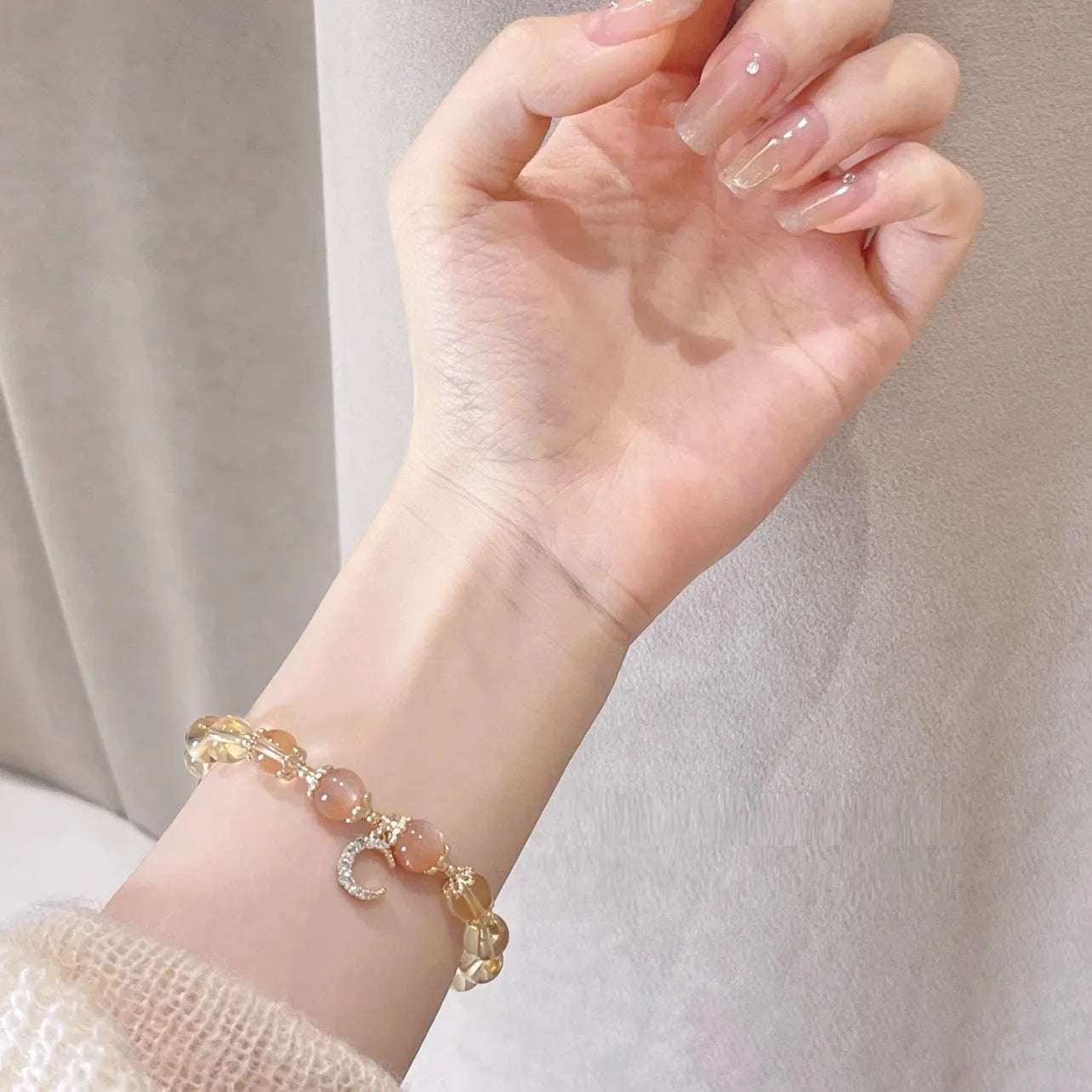 Chinese style women's crystal bracelet with electroplated 14K gold gilding and citrine moonstone centrepiece