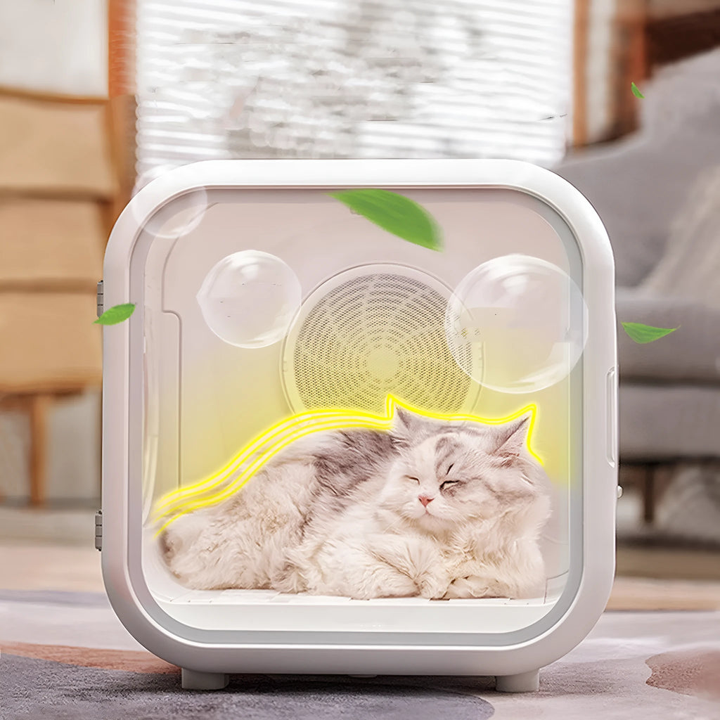 Automatic pet drying box in 50L and 62L with spiral heating wire, low-noise design, cat litter mat and conversion plug.