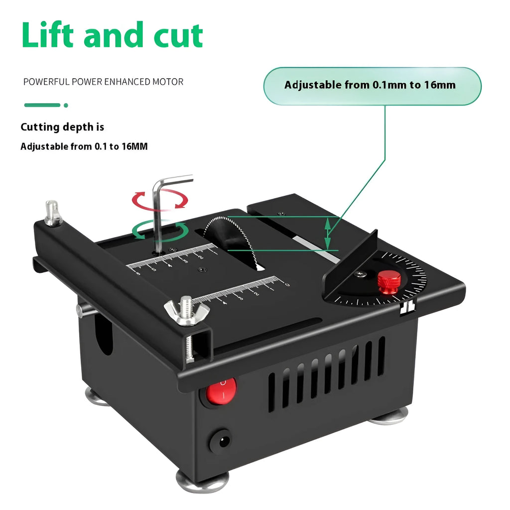 Compact metal cordless desktop saw with lithium battery on a workbench