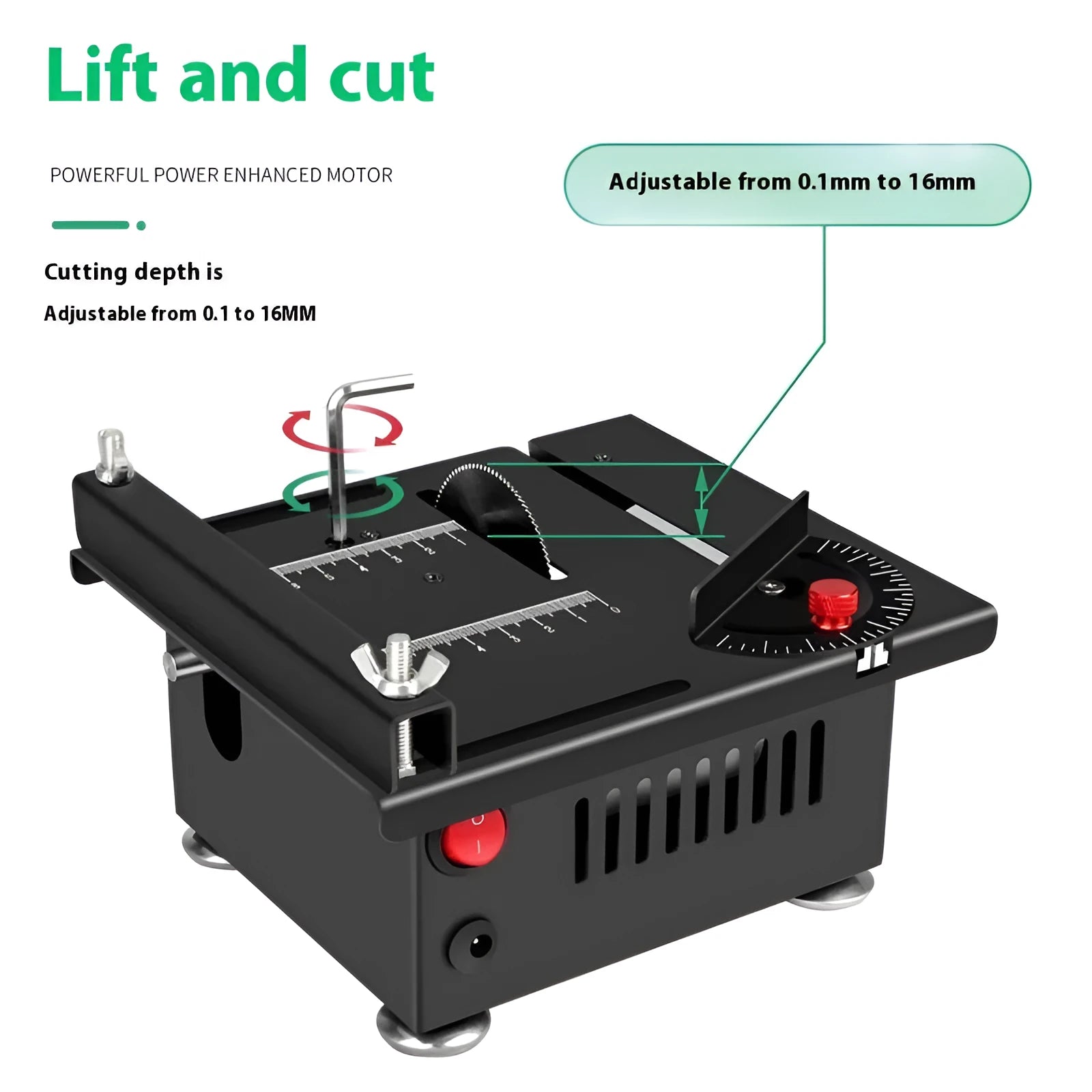 Compact metal cordless desktop saw with lithium battery on a workbench
