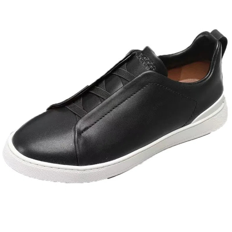 Men's genuine leather cross-strap casual shoes flat heel round toe front lace-up cowhide upper rubber outsole