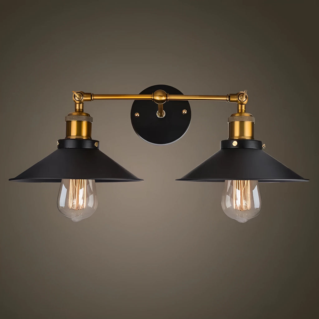 Black double head American retro industrial style iron wall lamp on a dark wall.