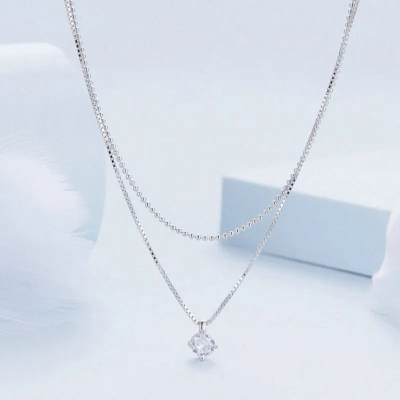Women's silver double-layer necklace with S925 sterling silver pendant and pearl chain style