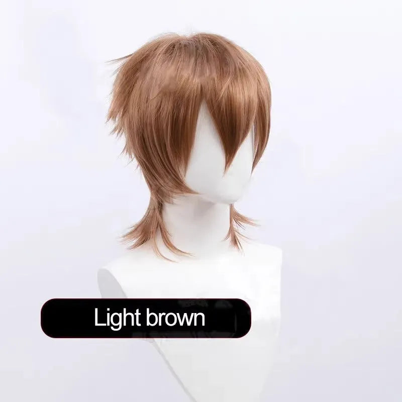 A short-style anime cosplay wig for men in high-temperature fiber, shown in a red colour option.