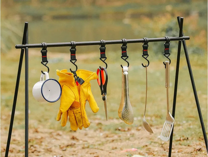 Aluminium alloy foldable camping clothes drying rack with triangle frame and multiple hooks