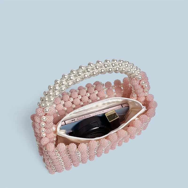 Pink handmade beaded handbag with waxberry pearl ball acrylic beads, weaved pattern, horizontal square shape
