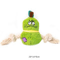 Green and purple interactive plush dog toy with rope knots and a molar tooth design for tug of war.
