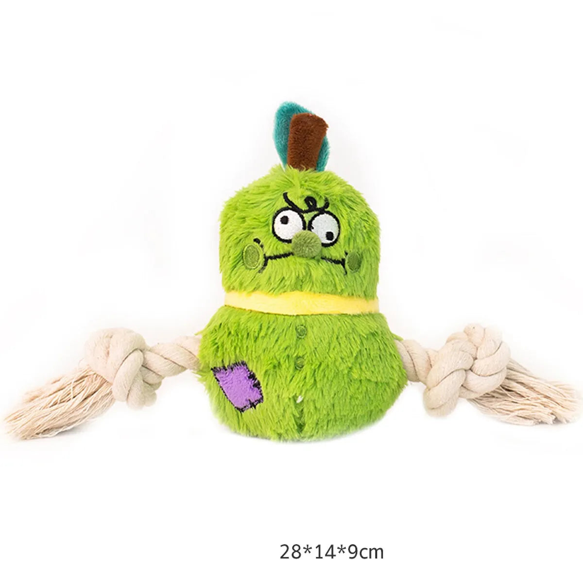 Green and purple interactive plush dog toy with rope knots and a molar tooth design for tug of war.