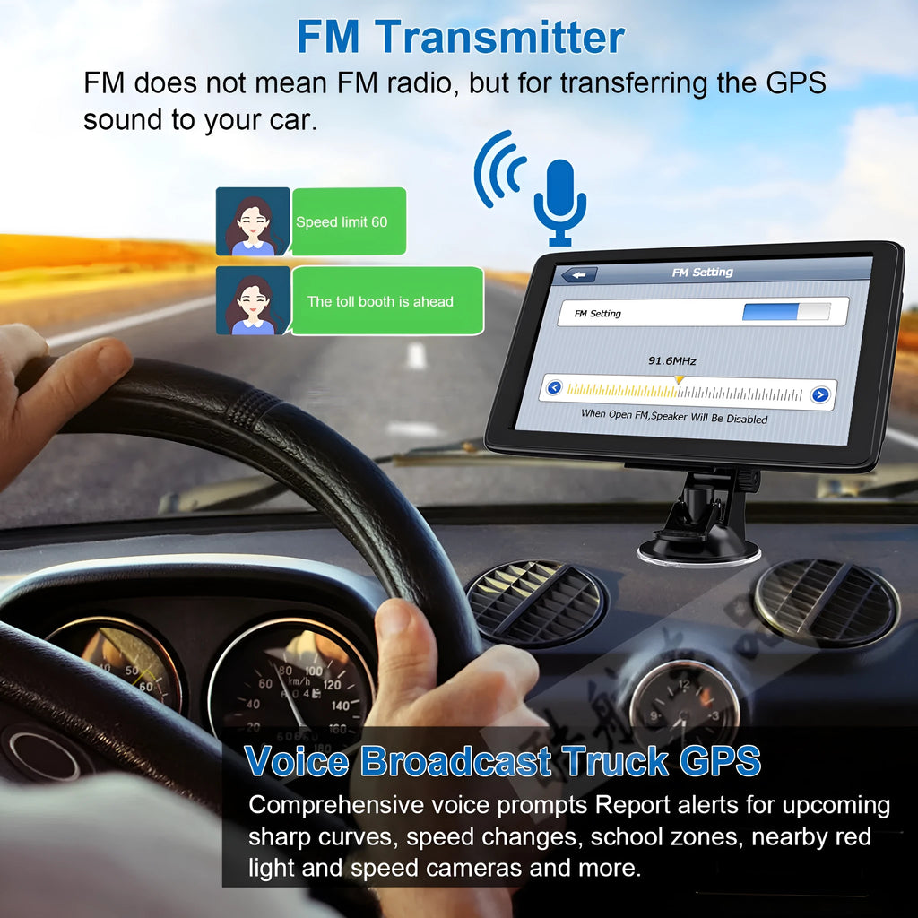 7-inch portable car GPS navigation device with touch screen on dashboard mounting bracket