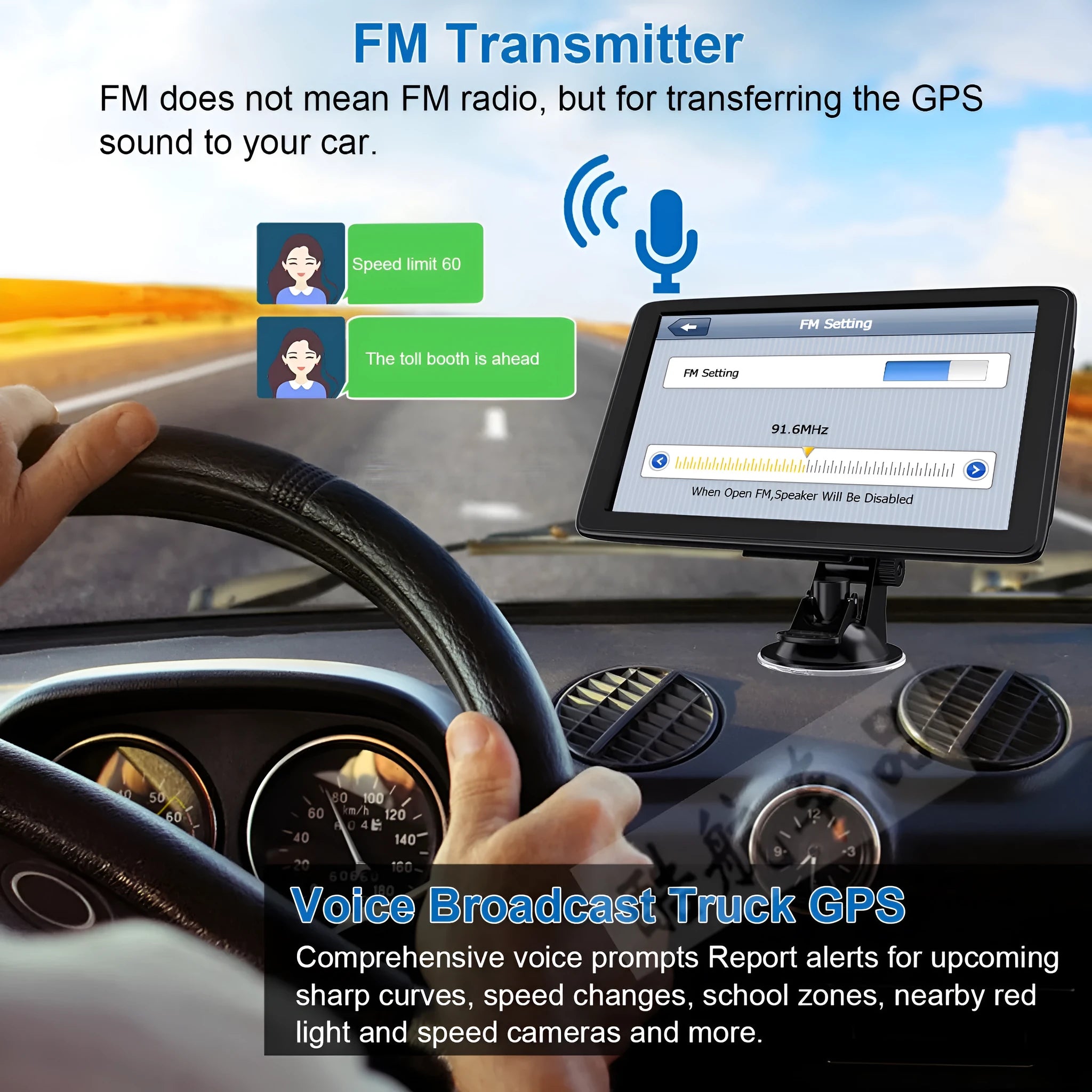 7-inch portable car GPS navigation device with touch screen on dashboard mounting bracket