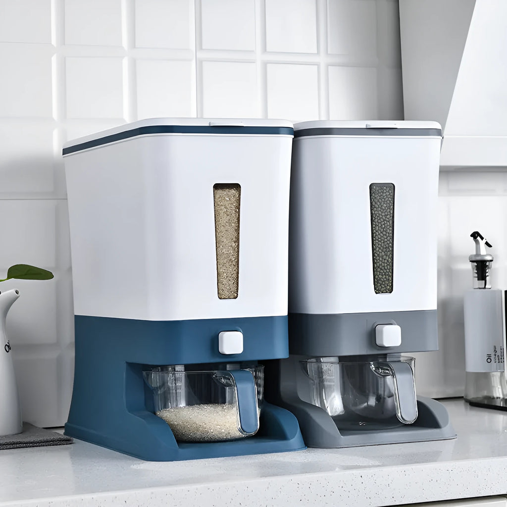 A polypropylene rice bucket with a metering lid on a kitchen countertop, available in black, blue, or grey colours with 5–6L capacity.