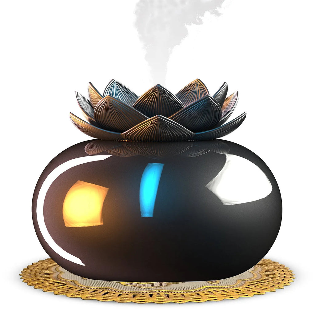Pure black lotus-shaped aromatherapy humidifier with USB cable and ceramic mist diffusion plate