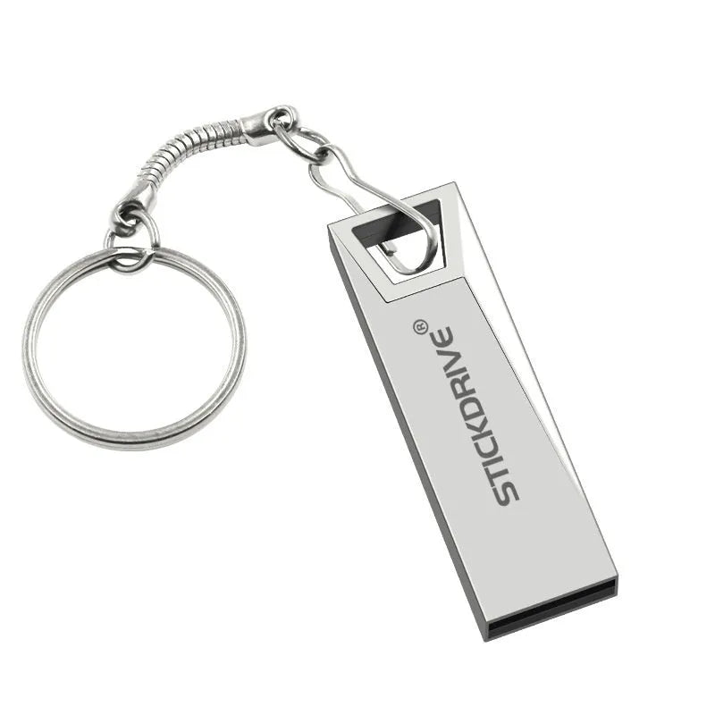 Metal USB flash drive on a keyring chain, shown in black and silver colour variants.