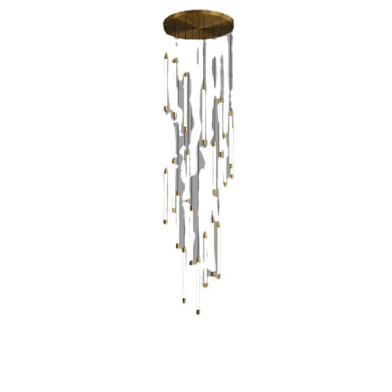 All copper duplex staircase long chandelier with LED light, 800mm diameter, single head, hanging in a tall room