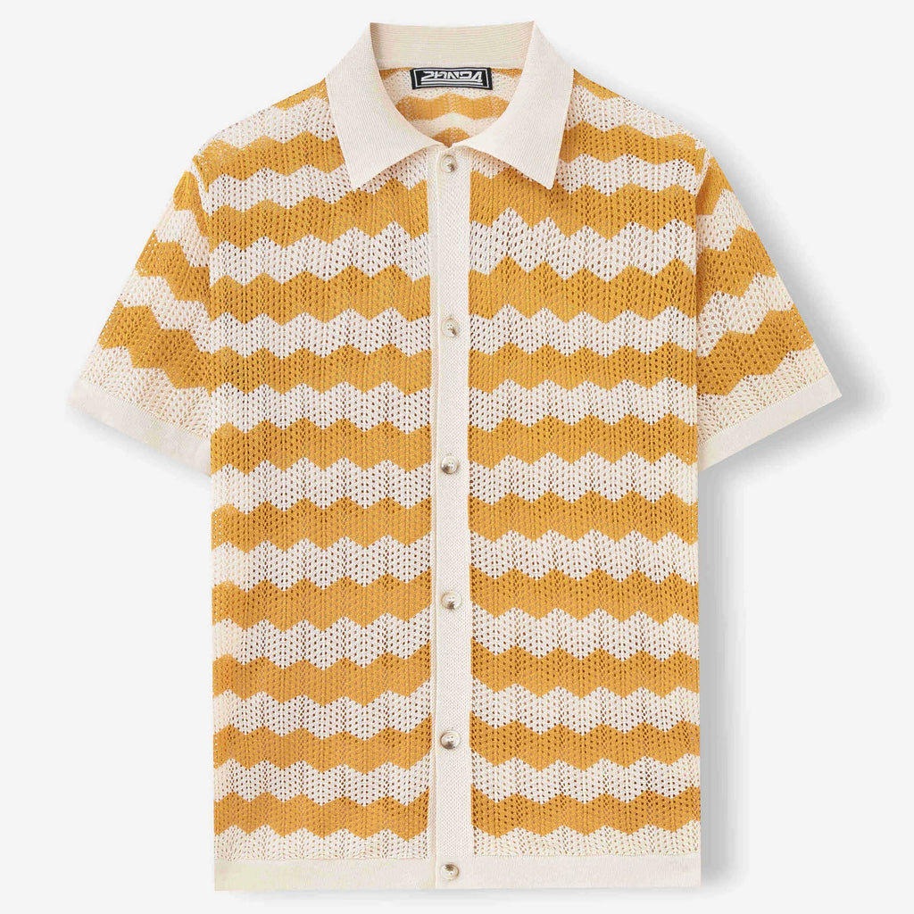 Short sleeve corrugated knit sweater in blue, brown, or yellow with a textured hollow jacquard and flocking design.