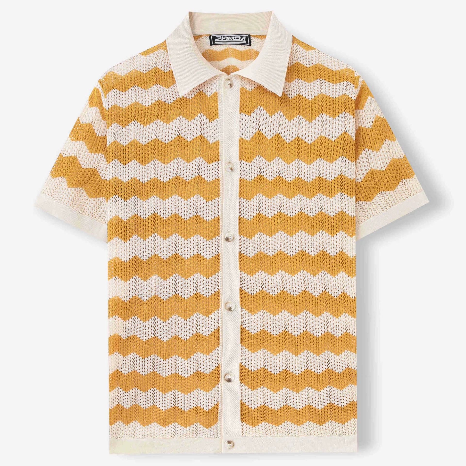 Short sleeve corrugated knit sweater in blue, brown, or yellow with a textured hollow jacquard and flocking design.