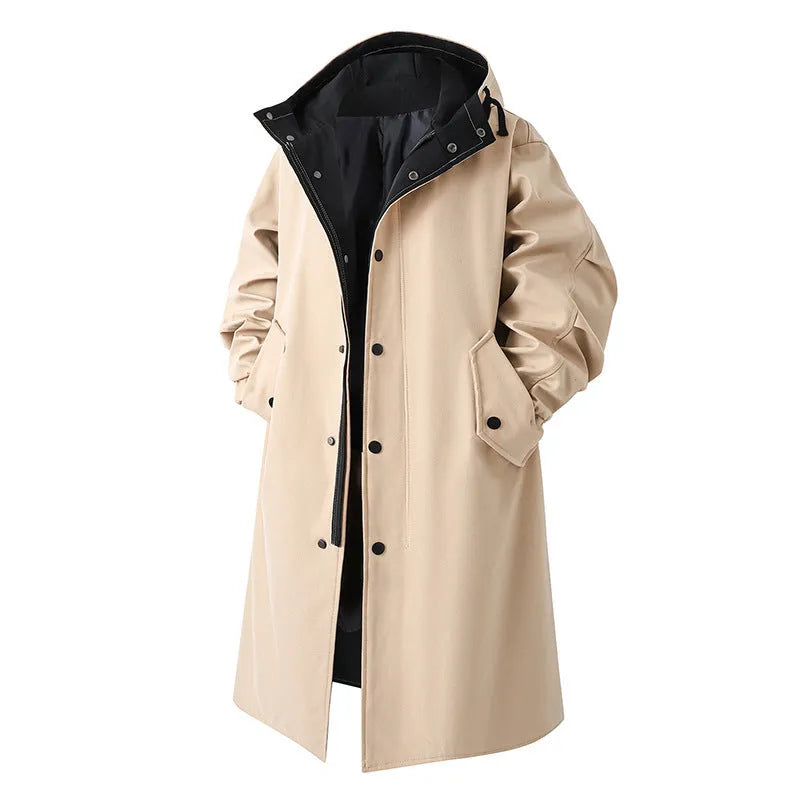 Men's hooded mid-length trench coat in black, dark grey or khaki, polyester, 65cm length, sizes M to 3XL