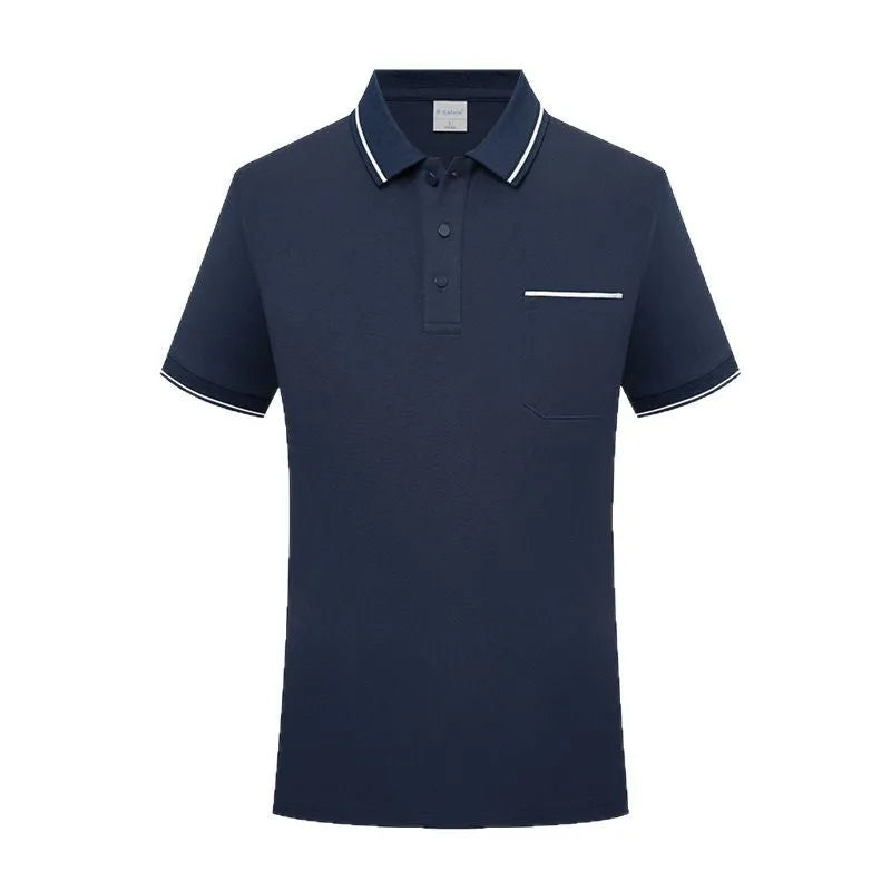Men's short sleeve polo shirt in spandex with a chest pocket, shown in a straight fit.