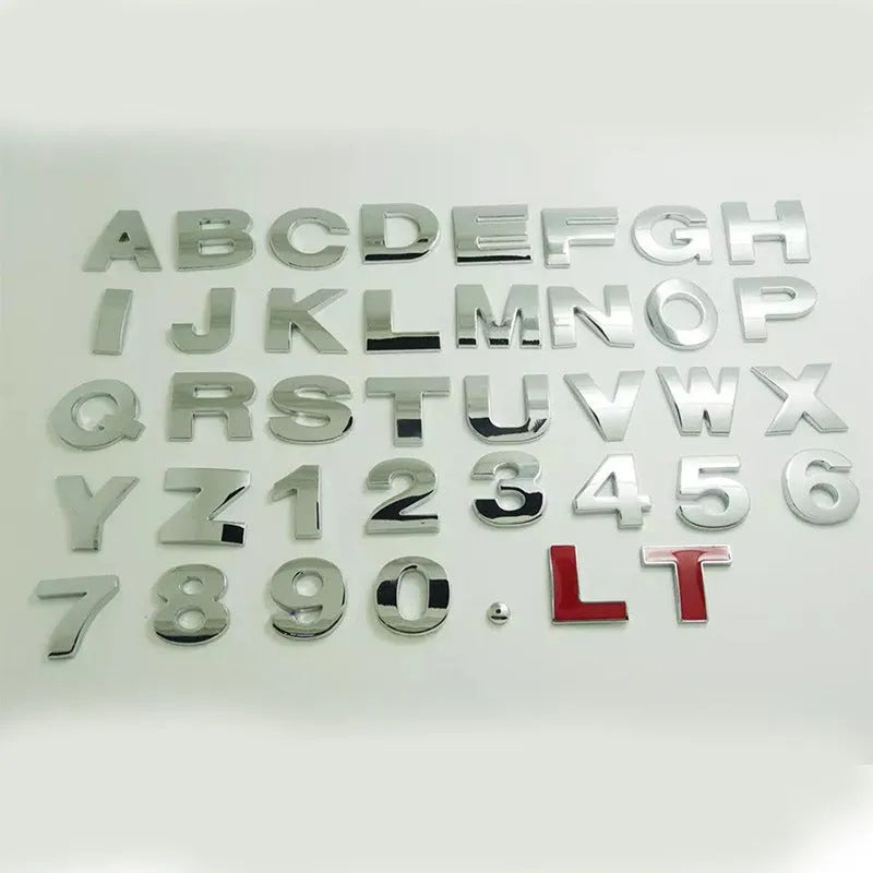 Close-up of a 3D metal zinc alloy car letter sticker in silver, showing its raised profile.