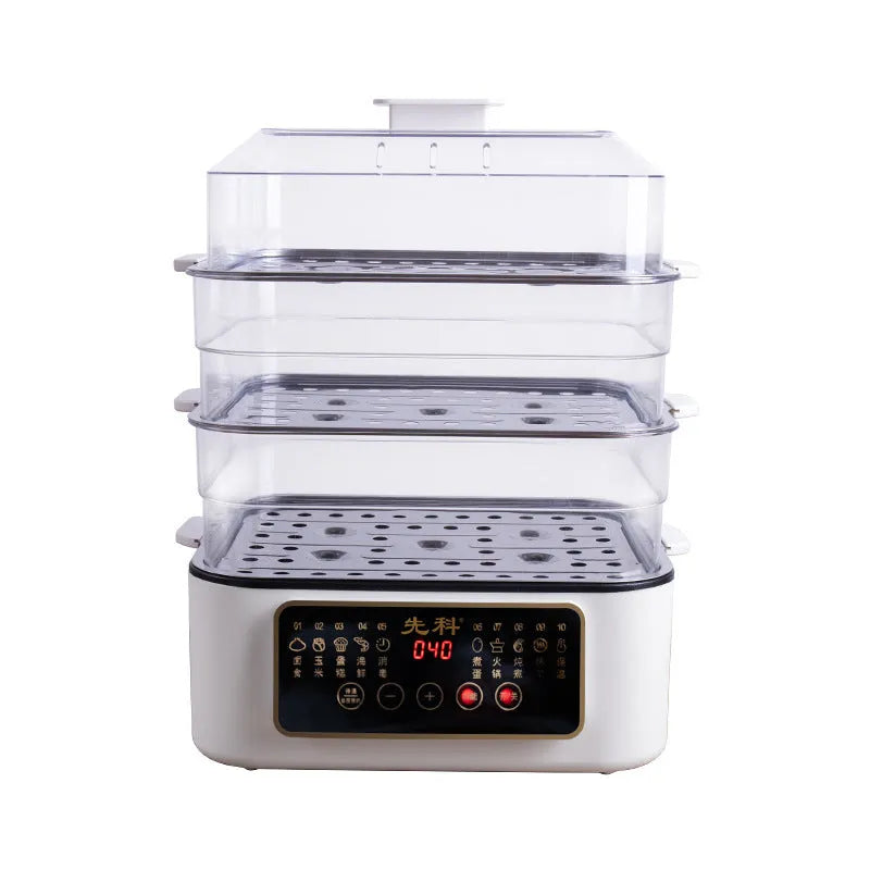 28-litre electric kitchen steamer with stainless steel rack on countertop