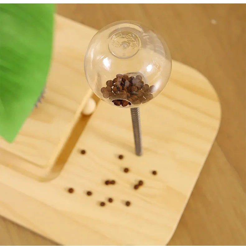 Wooden vertical cat scratching post with canna colour finish and food drop ball toy