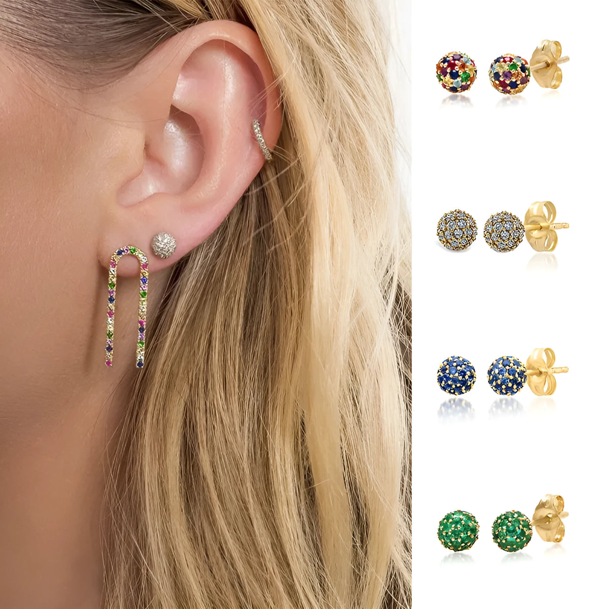 Multicolor rhinestone and zircon round stud earrings in silver and gold tone for women geometric shape