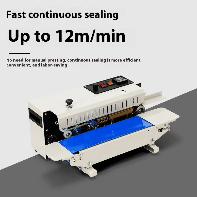 Small steel-frame manual sealing machine for pouches with integrated date printer.