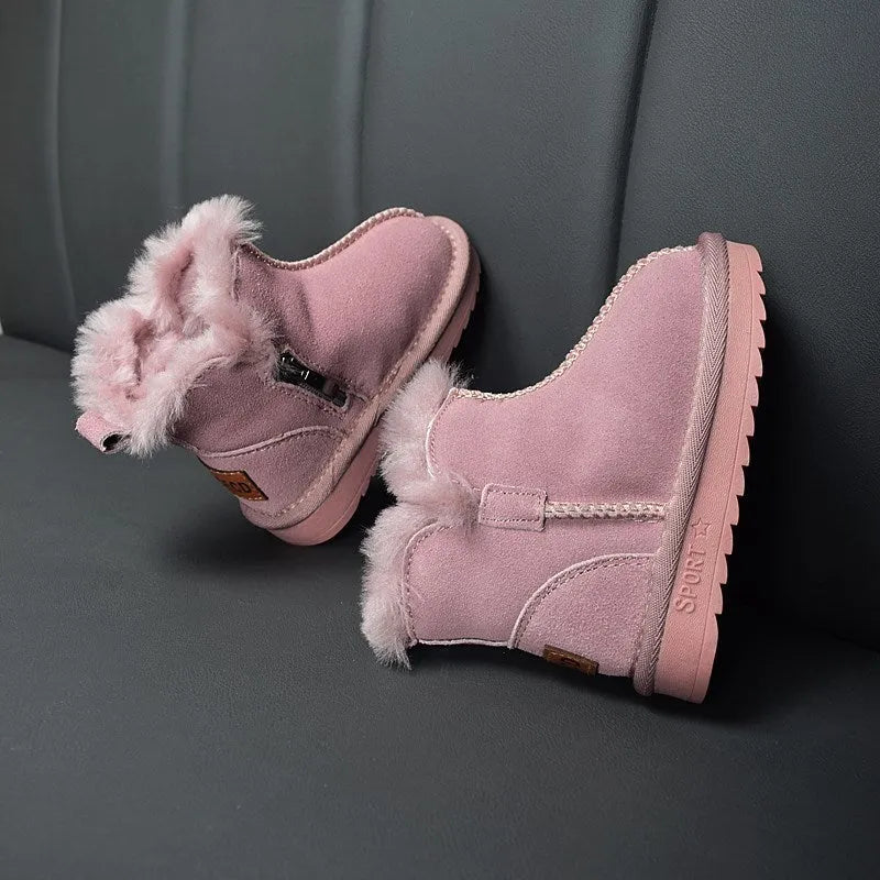 Children snow boots genuine leather wool plush winter shoes for boys girls khaki pink brown sizes 21-30