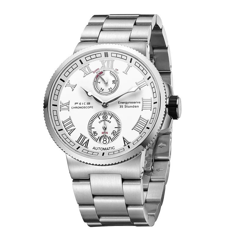 Automatic mechanical watch for men with black silicone band, luminous dial, and stainless steel watch bottom
