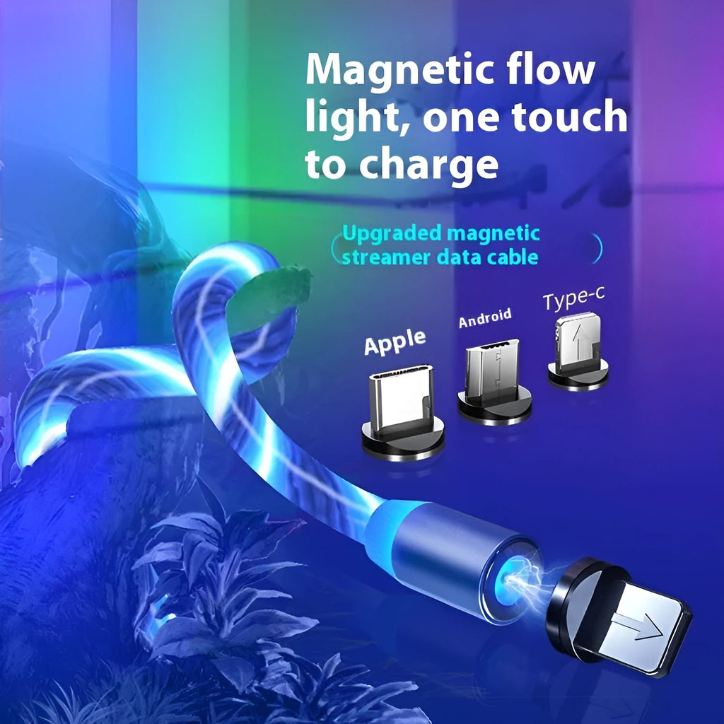 Colourful streamer magnetic three-in-one USB data cable, 1m TPE lead with Micro USB, TYPE-C and Apple-compatible connectors