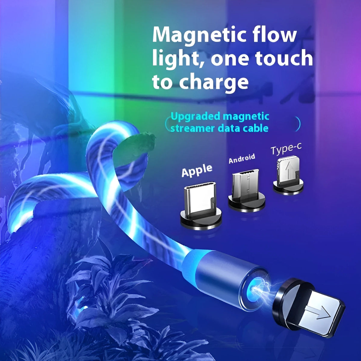 Colourful streamer magnetic three-in-one USB data cable, 1m TPE lead with Micro USB, TYPE-C and Apple-compatible connectors