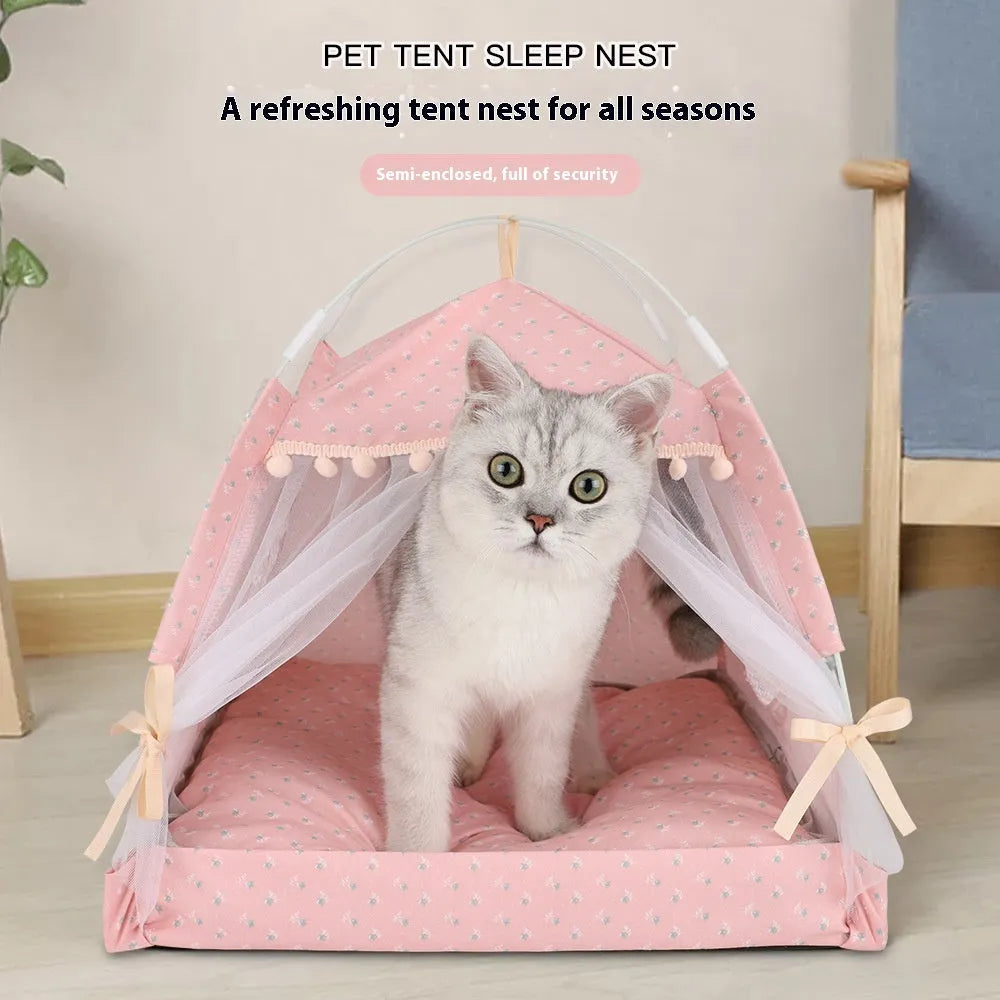 Foldable semi-closed cloth cat nest kennel in floral or lace colour, sizes S M L for cats up to 10kg