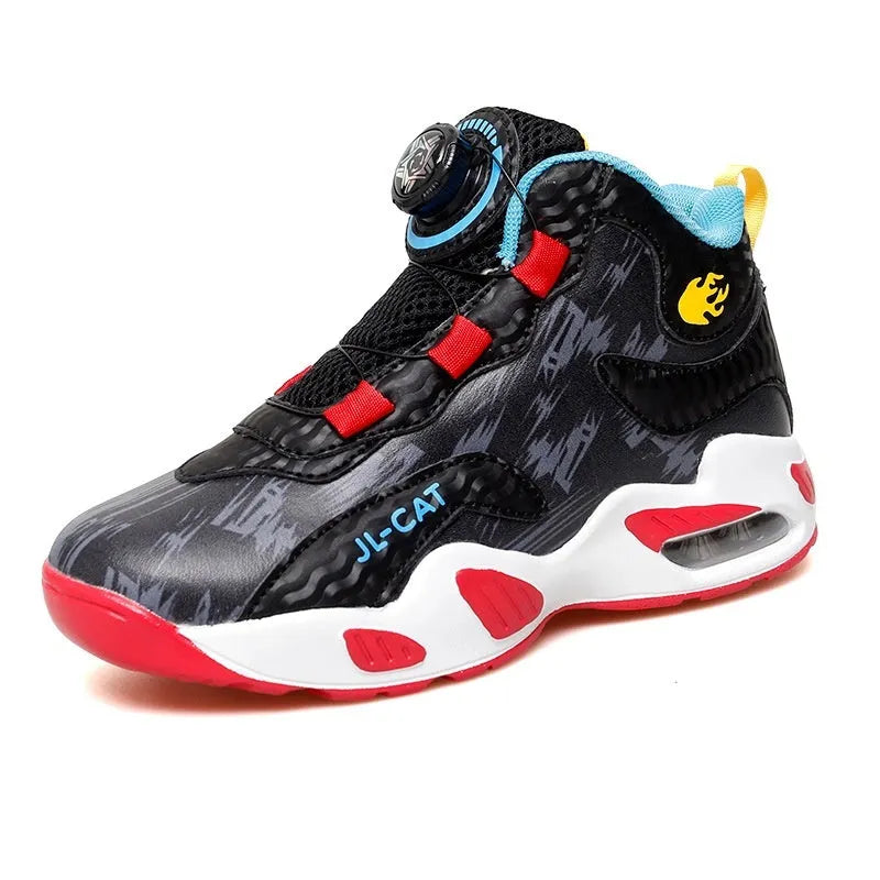 Children's rotating button basketball shoes in various colours with a synthetic leather upper and PU sole.