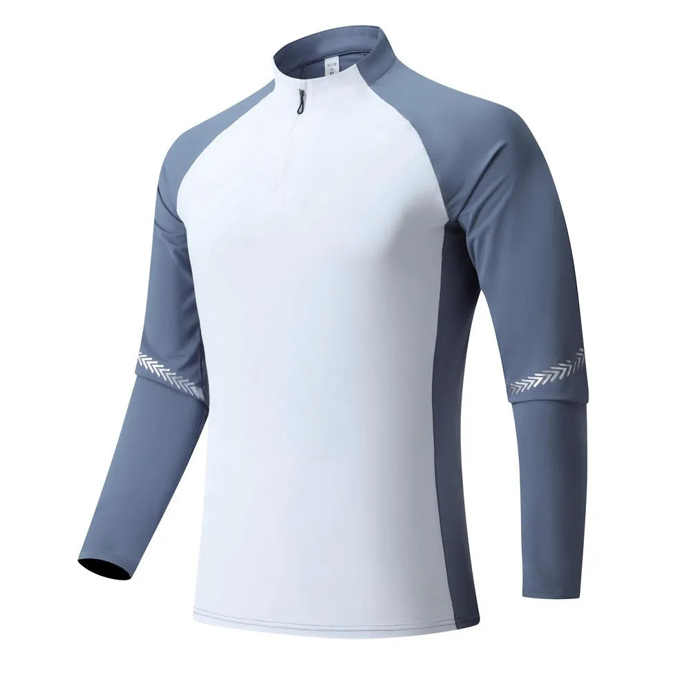 Men's stand collar half zip long sleeve training top in solid colour polyester, front view