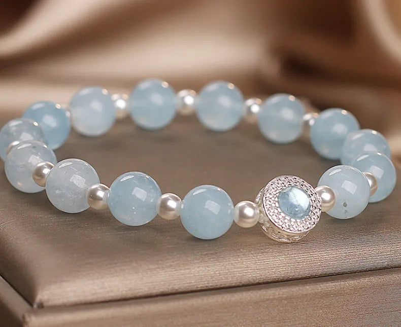 Natural aquamarine crystal bracelet for women in sky blue with original design